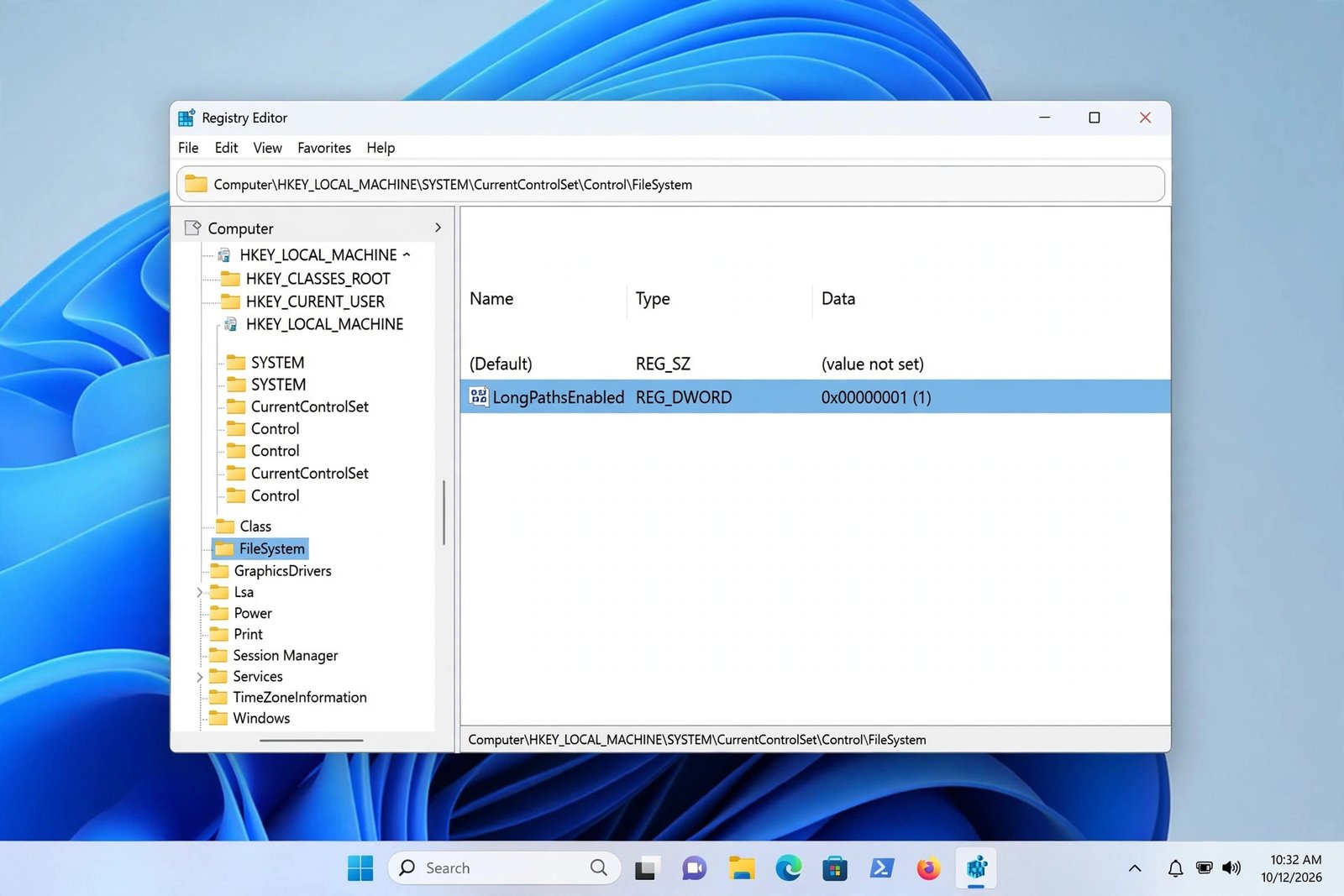 Registry Editor open at the FileSystem key with the LongPathsEnabled value set to 1