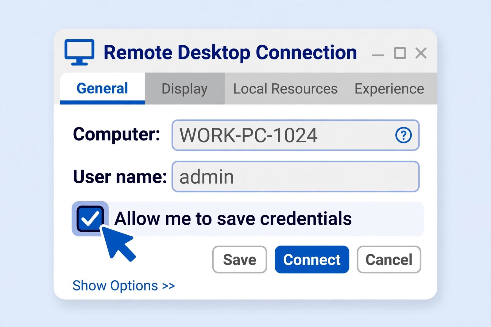 Illustration of the Remote Desktop Connection window with the Allow me to save credentials checkbox