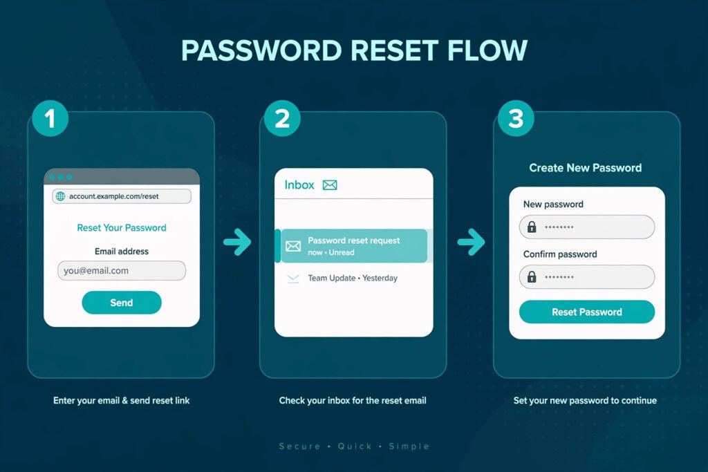 Annotated diagram of the Spotify password reset flow: reset page, email with reset link, and new password screen