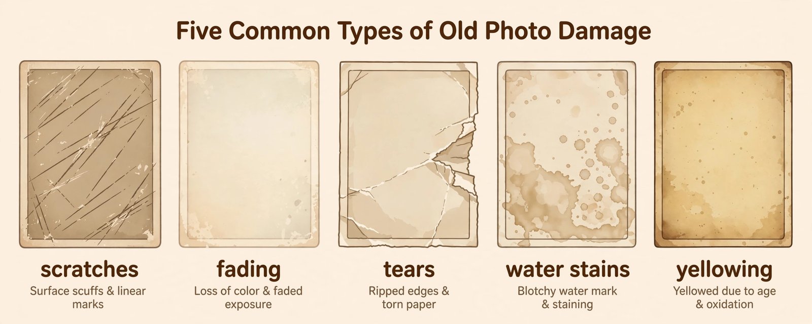 Diagram of five common old photo damage types: scratches, fading, tears, water stains, and yellowing