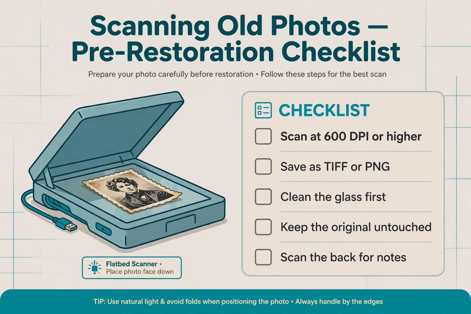 Checklist diagram for scanning old photos: scan at 600 DPI, save as TIFF or PNG, clean the glass, keep the original untouched