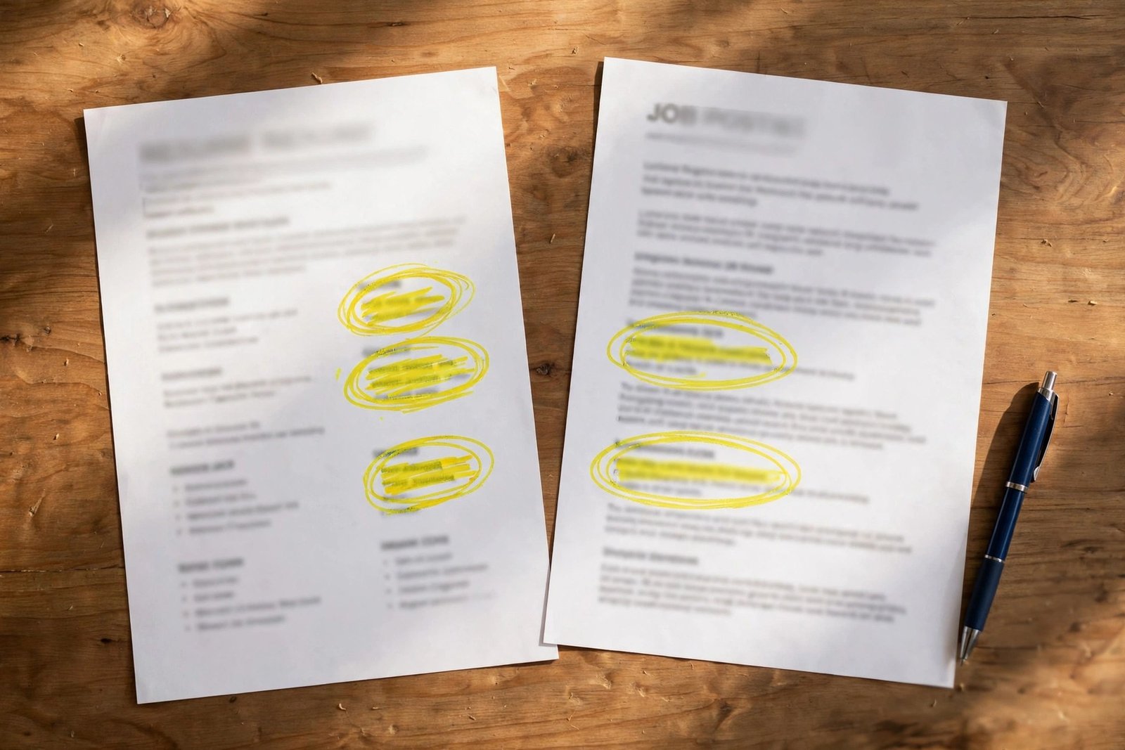 Close-up of a resume next to a job posting with matching keywords highlighted