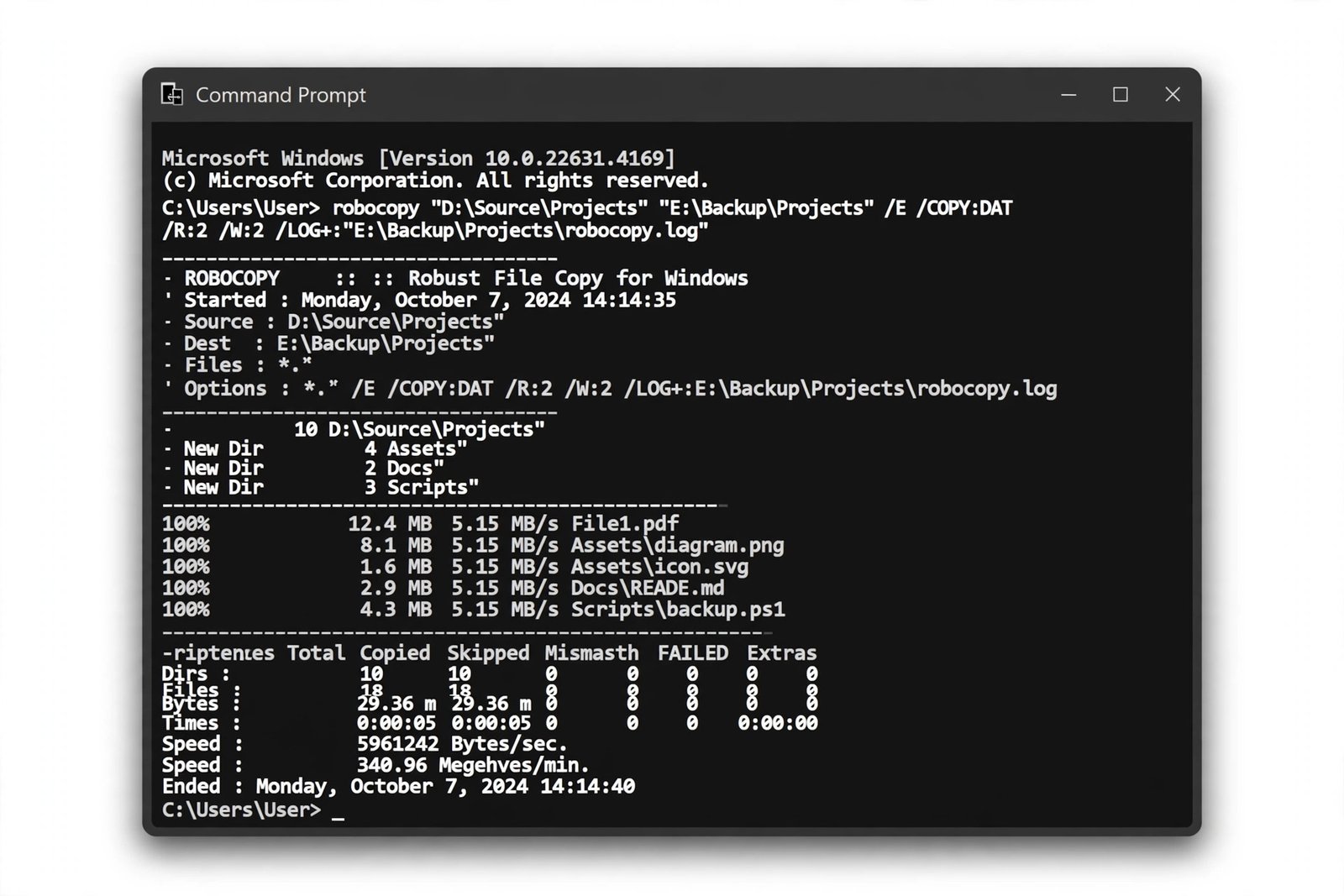 Command Prompt window running a robocopy command to copy files with long paths