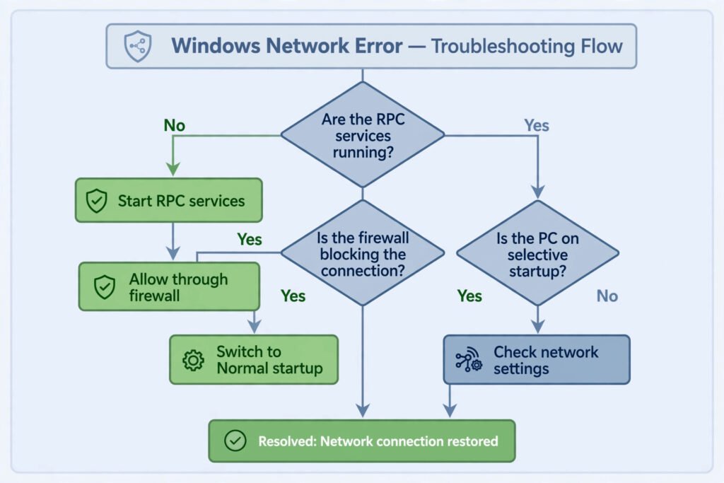 Troubleshooting flowchart for RPC error 1722: check services, then firewall, then startup type, then network settings