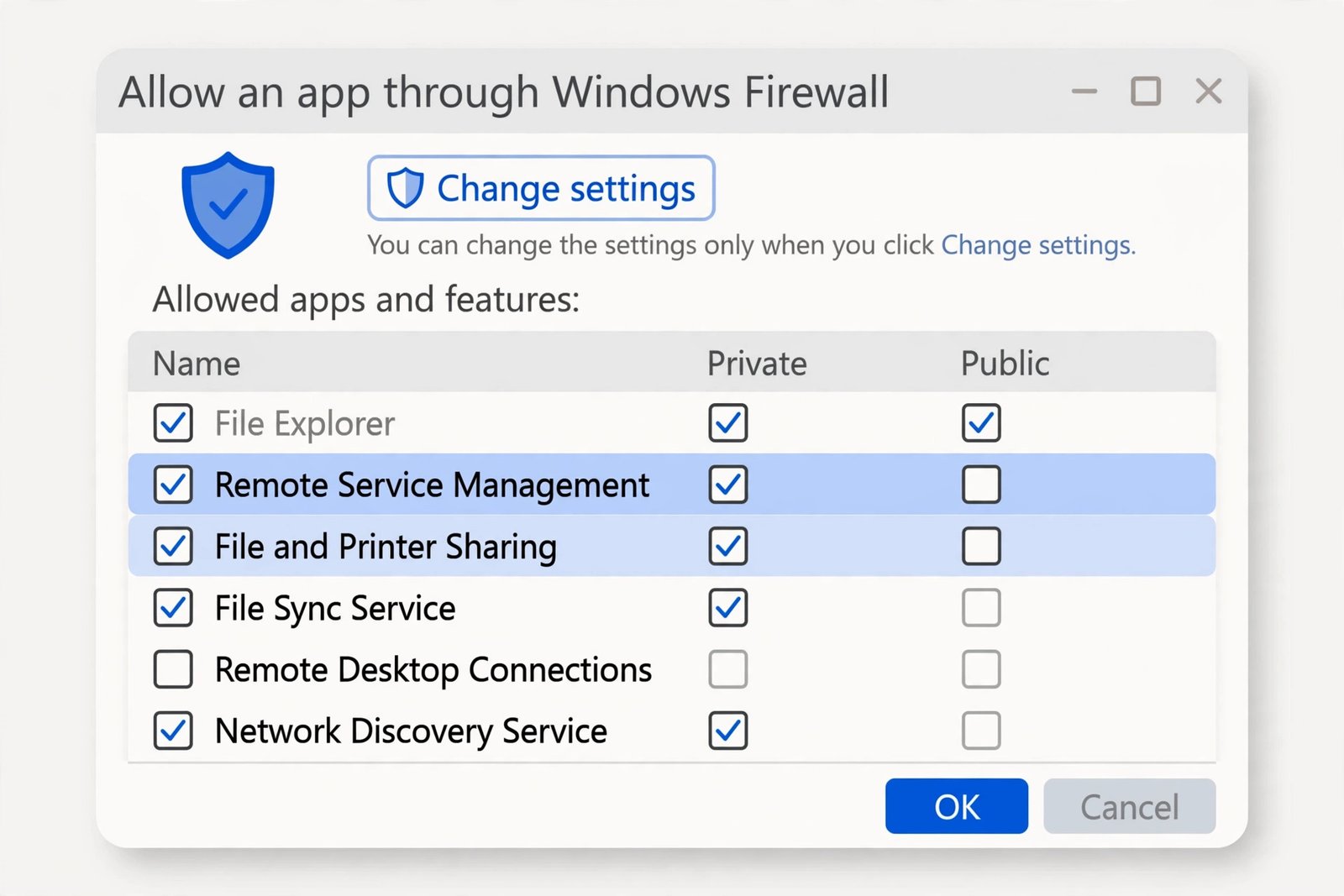Windows Defender Firewall allowed apps window with Remote Service Management and File and Printer Sharing checked