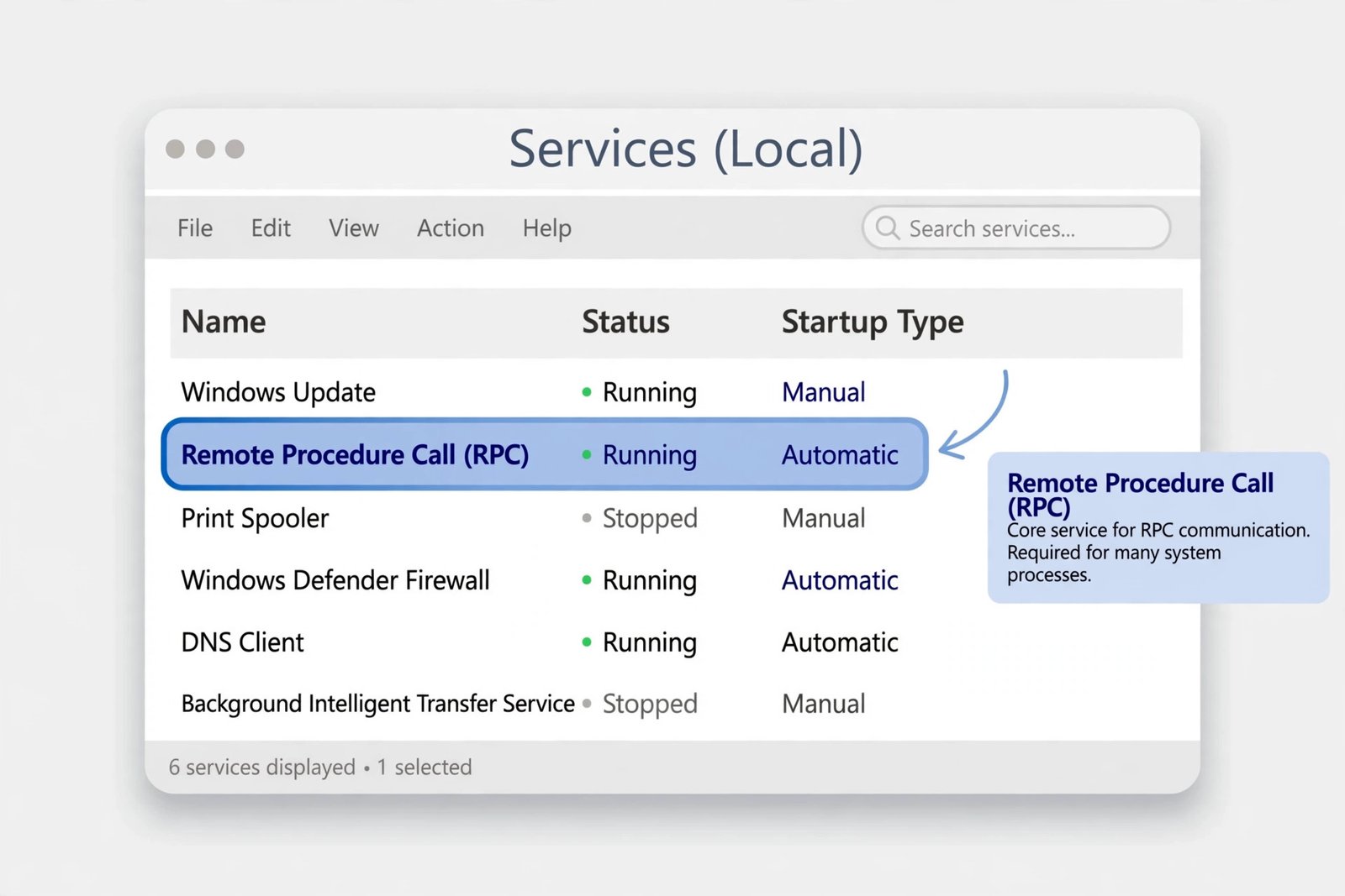 Services console with the Remote Procedure Call service highlighted, showing Running status and Automatic startup type