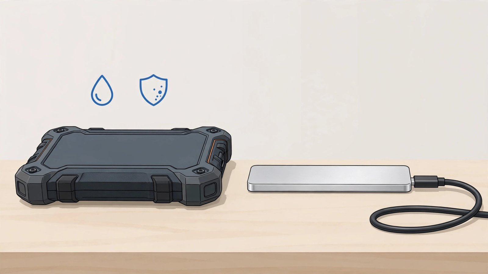 Illustration comparing a rugged armored external SSD with a slim pocket-sized external SSD