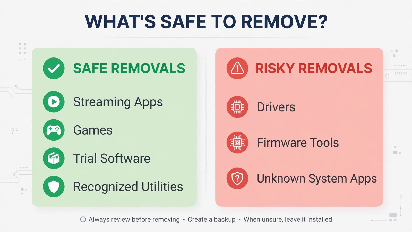 Decision diagram: safe to remove versus risky to remove apps in Windows 11