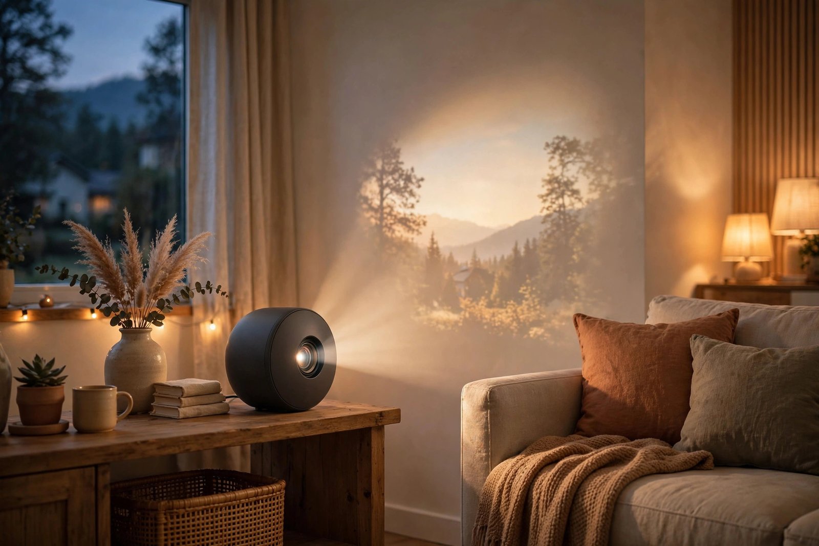 Compact round projector casting an image on a living room wall