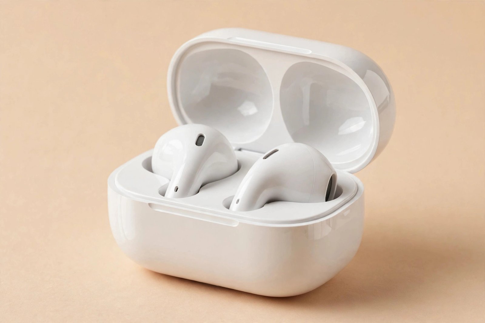 White wireless earbuds in an open glossy white charging case