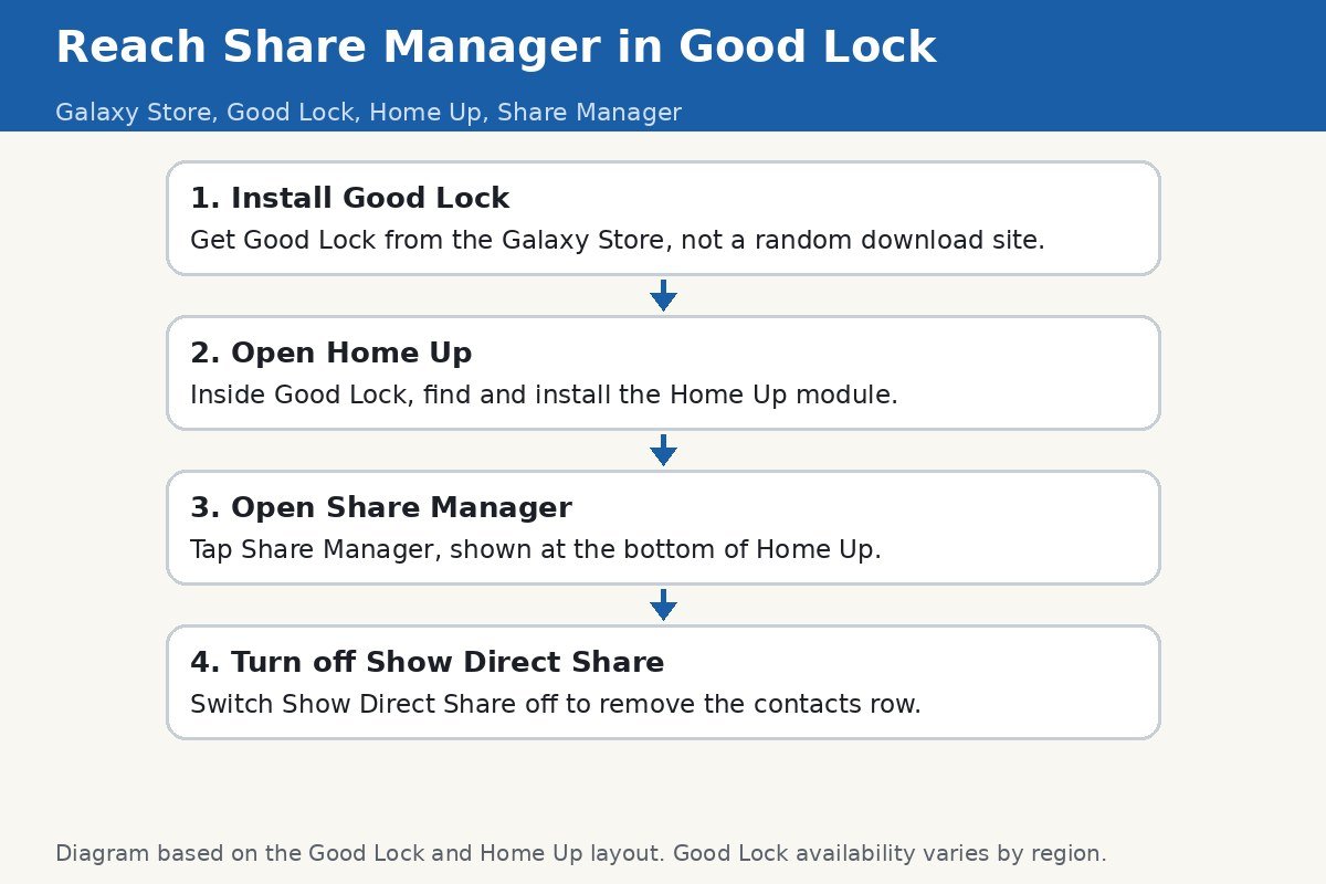 Diagram of the path to Share Manager: Galaxy Store, Good Lock, Home Up, Share Manager, Show Direct Share off