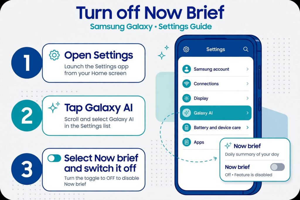 Diagram showing the Settings, Galaxy AI, Now brief path with the toggle switched off on a Samsung Galaxy phone
