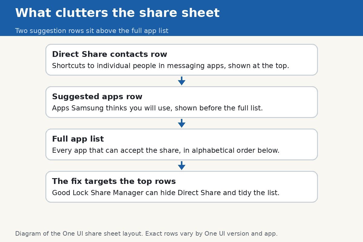 Diagram of the One UI share sheet layout: Direct Share contacts row and suggested apps row above the full app list
