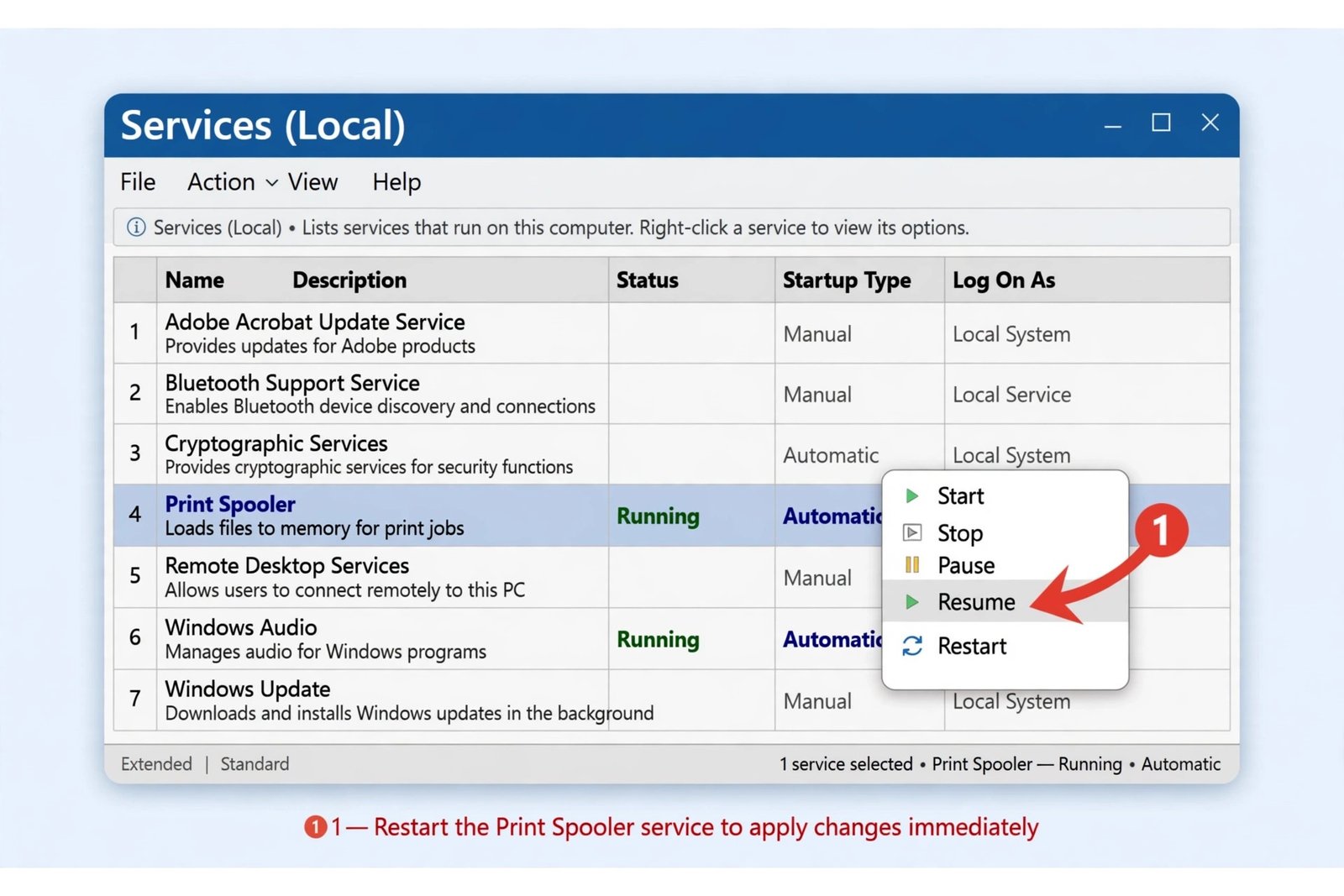 Diagram of the Services window in Windows 11 with the Print Spooler entry highlighted and the Restart option shown