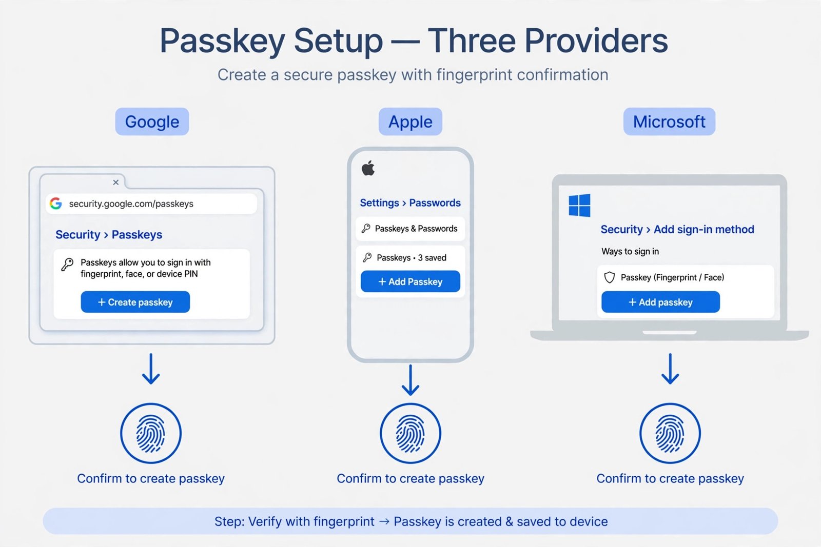 Flow diagram of passkey setup on Google, Apple, and Microsoft, each ending in a fingerprint confirmation step