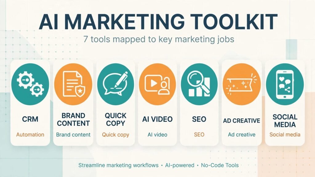 Infographic mapping seven AI marketing tools to the marketing jobs they handle: CRM automation, brand content, quick copy, AI video, SEO, ad creative, and social media
