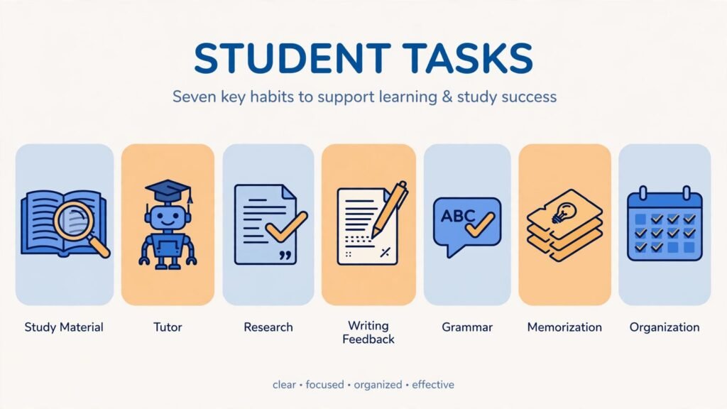 Infographic mapping seven AI study tools to student jobs: understanding material, tutoring, cited research, writing feedback, grammar polish, memorization, and organization