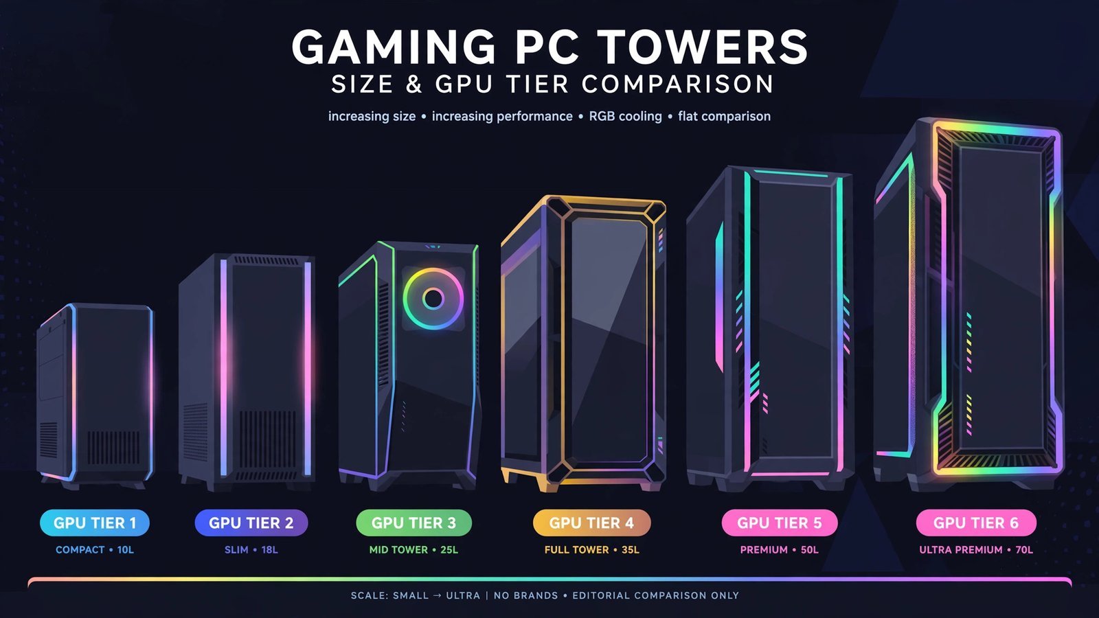 Infographic comparing six prebuilt gaming PCs by GPU, CPU, RAM, storage, and price tier