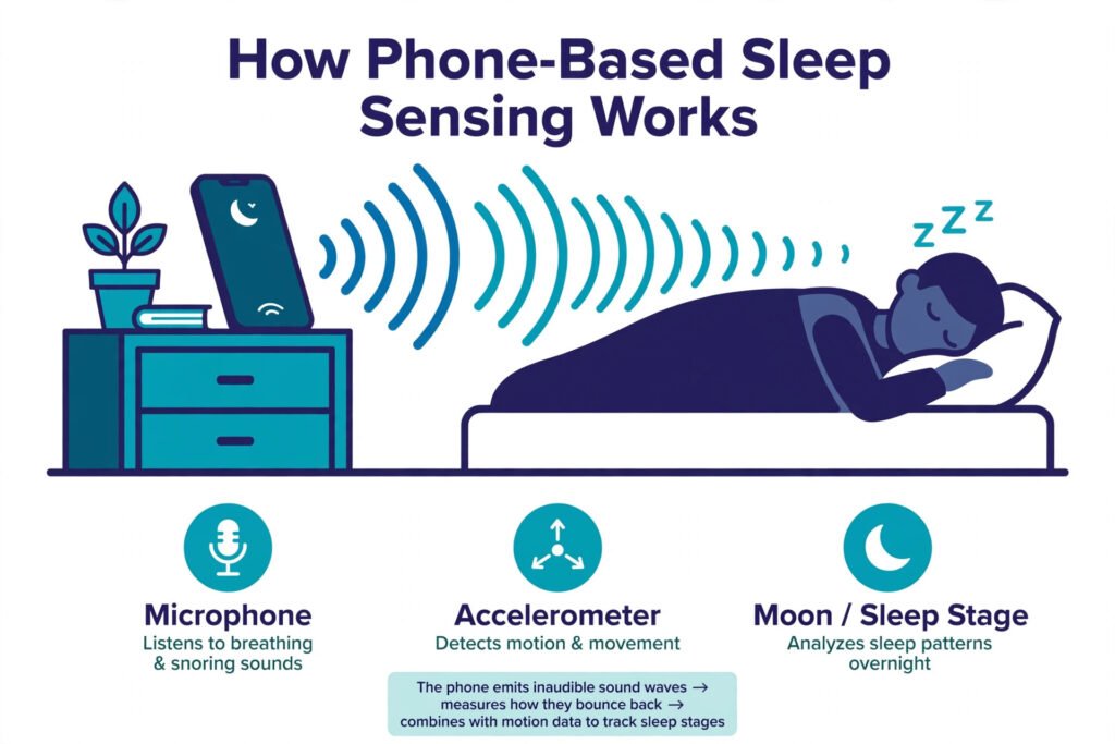 Diagram showing how phone-based sleep tracking uses the microphone and accelerometer to estimate sleep stages, compared with wearable sensors measuring heart rate and movement