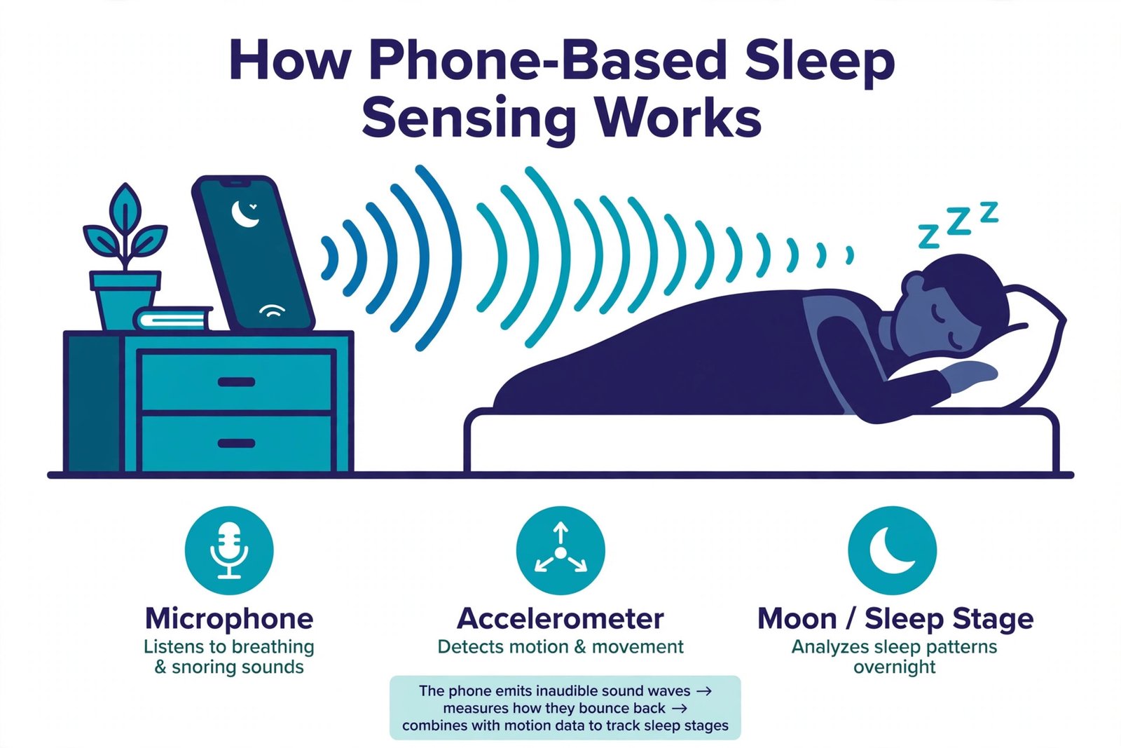 Diagram showing how phone-based sleep tracking uses the microphone and accelerometer to estimate sleep stages, compared with wearable sensors measuring heart rate and movement