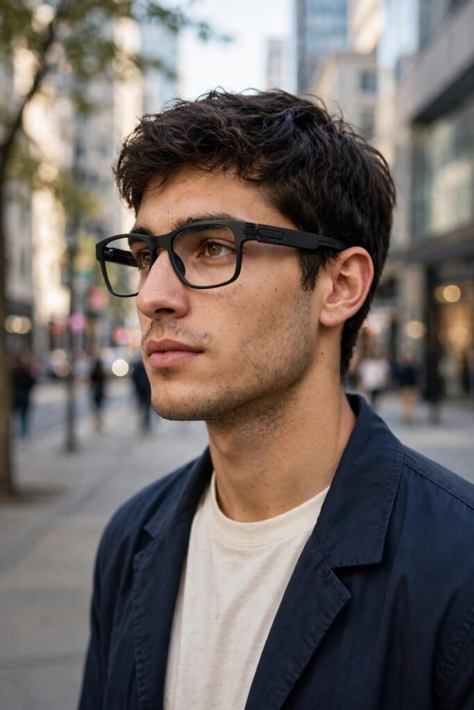 Person wearing modern smart glasses outdoors with a city street softly blurred behind