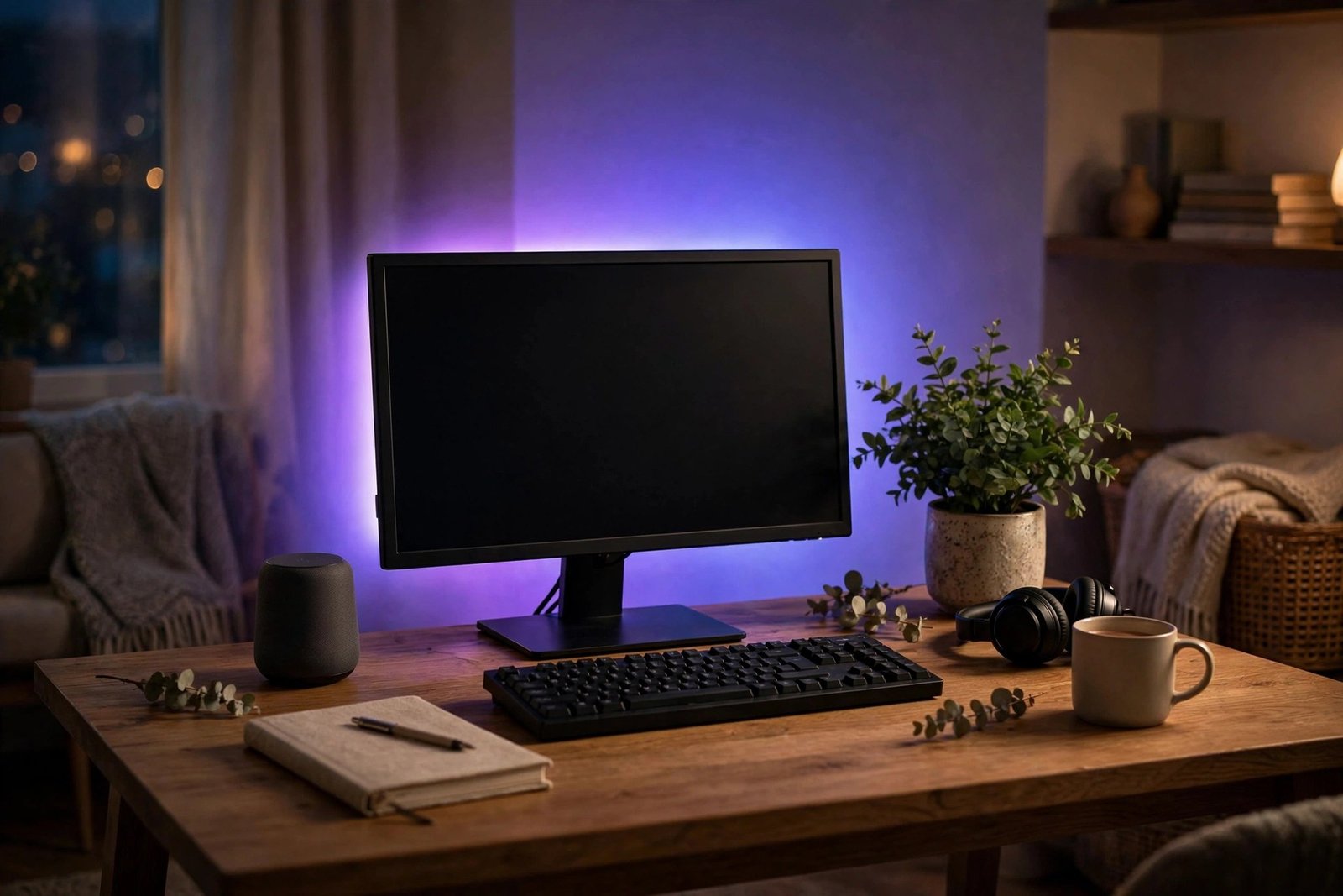 Cozy desk setup with smart LED light strip glowing behind a monitor and a smart speaker nearby