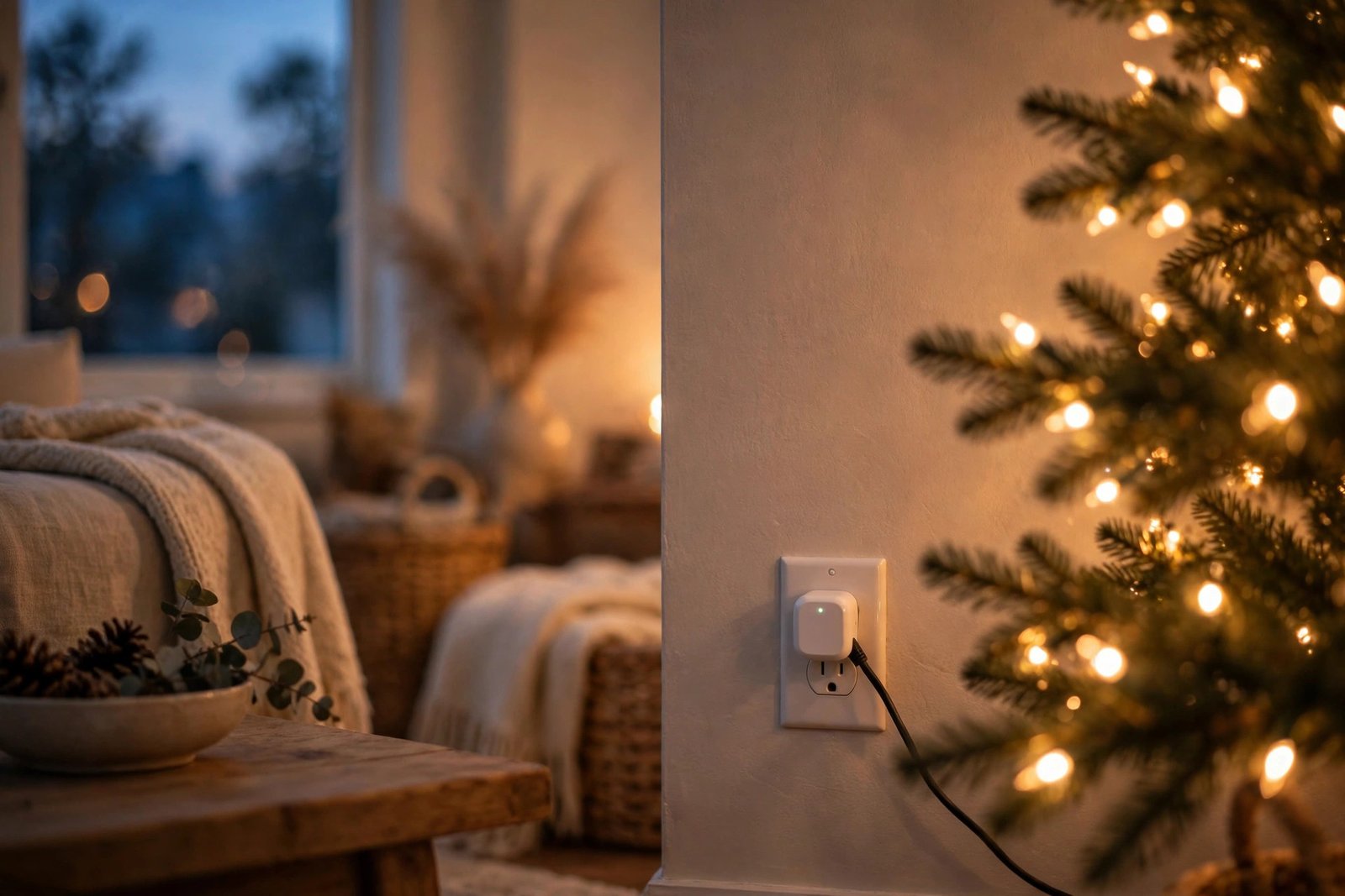 Smart plug controlling glowing Christmas tree lights