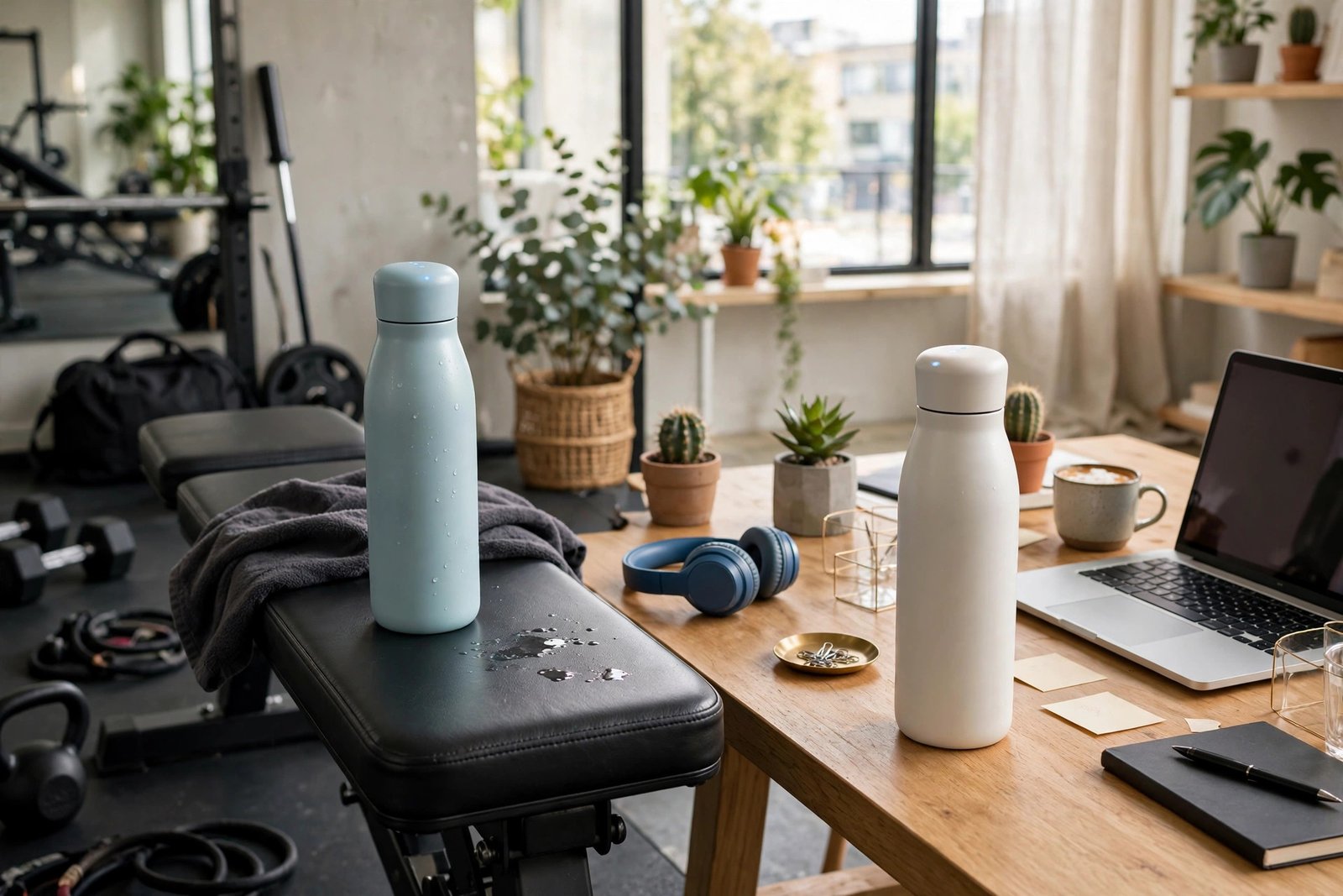 Smart water bottles on a gym bench and an office desk
