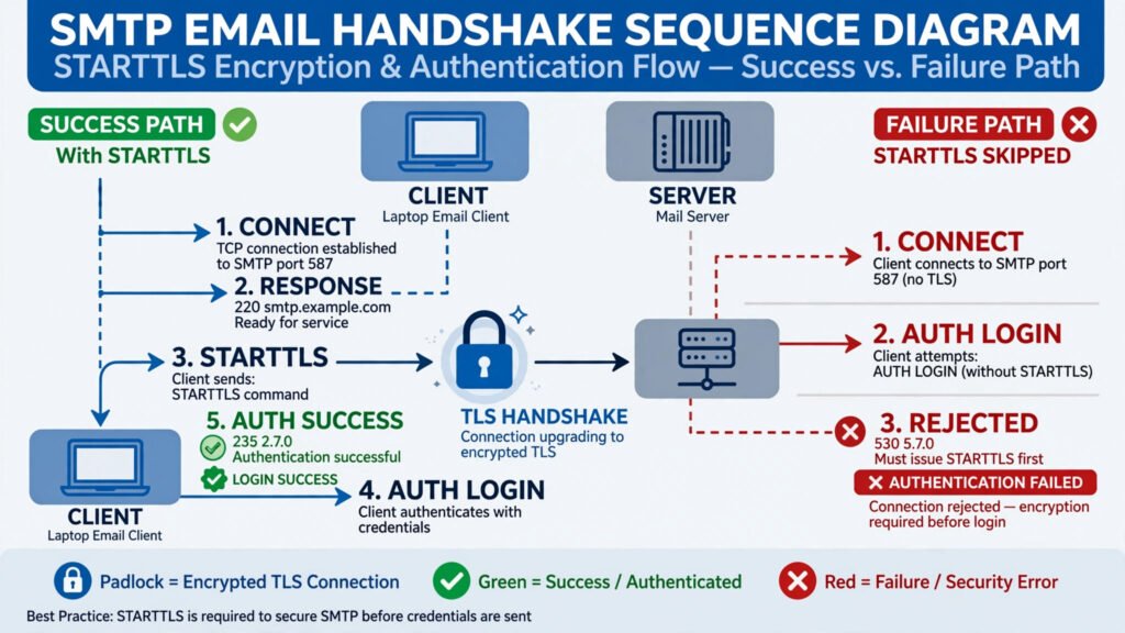 Diagram of the SMTP STARTTLS handshake showing the email client connecting, issuing the STARTTLS command, and upgrading to an encrypted connection before logging in