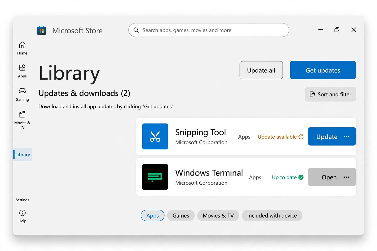 Microsoft Store library screen showing the Get updates button for updating Snipping Tool