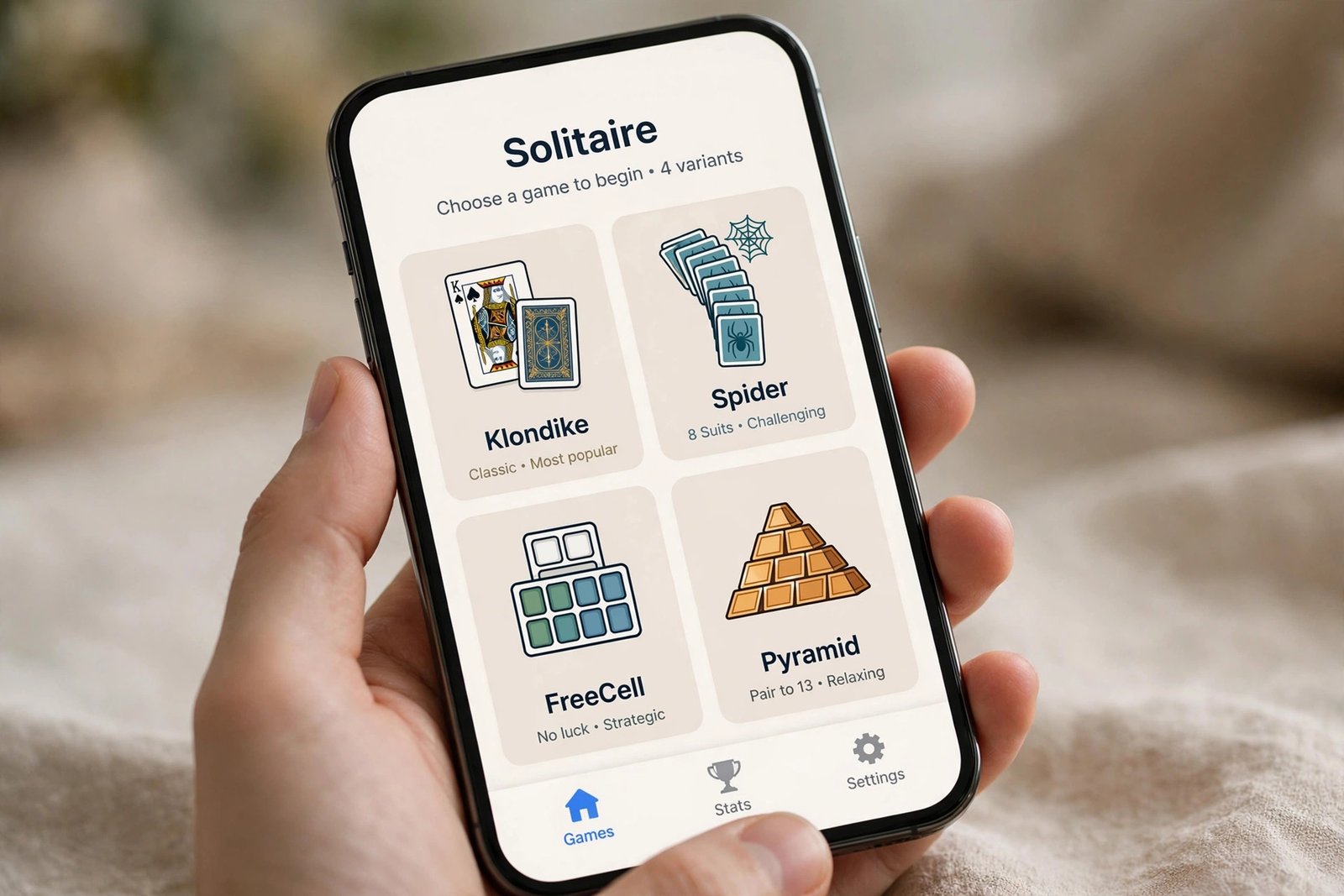 Smartphone showing a solitaire app menu with several game variants like Spider and FreeCell