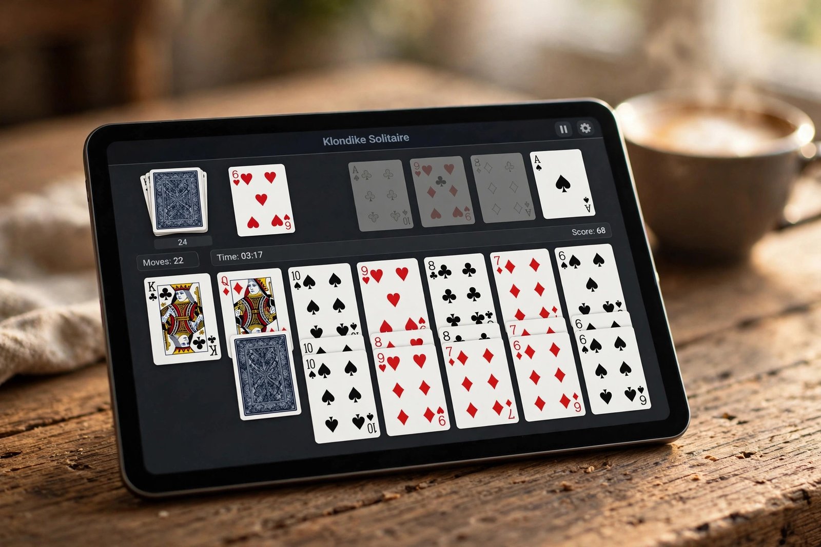 Close-up of a solitaire card game being played on a tablet with neat card columns