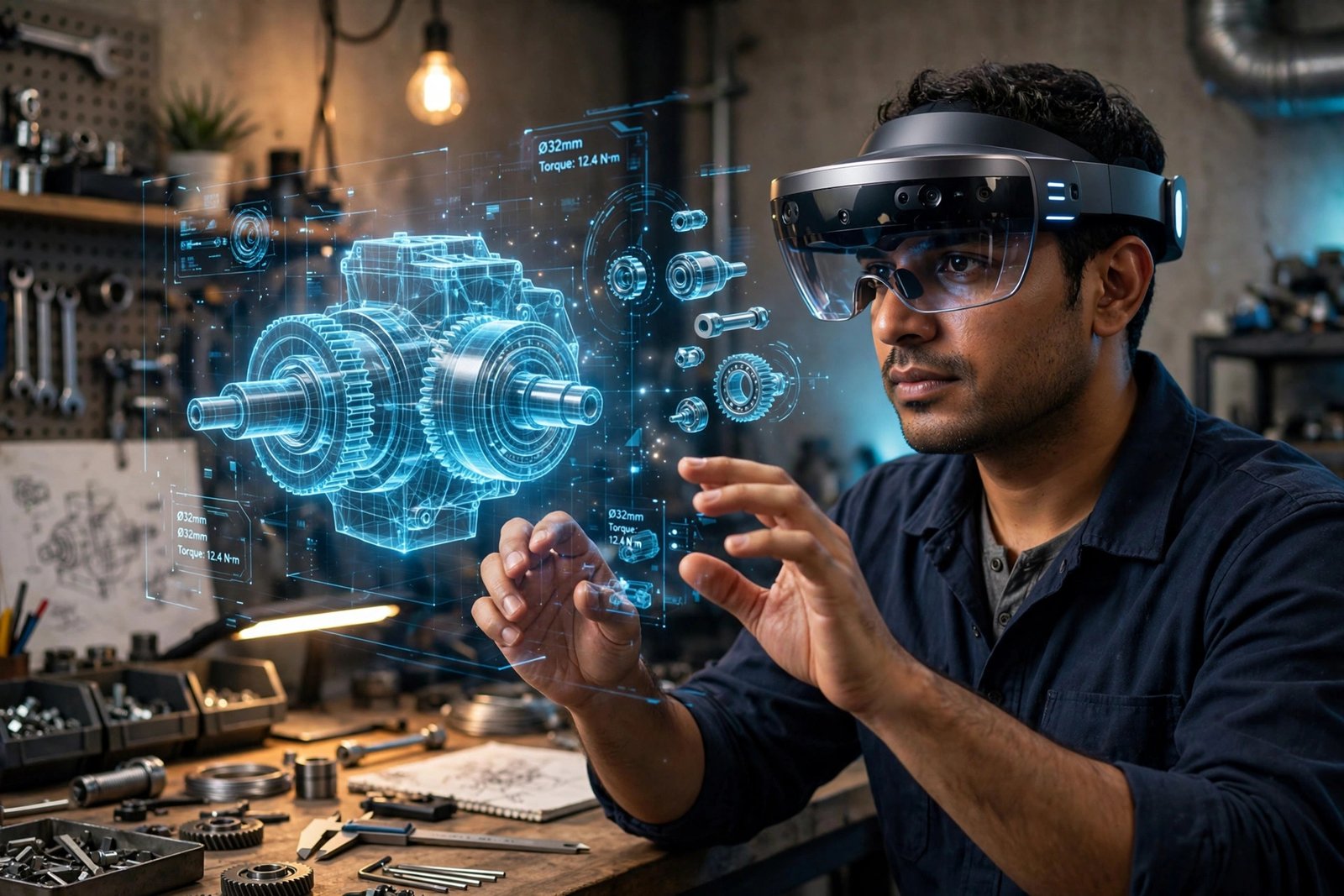 Engineer wearing an augmented reality headset viewing holographic 3D models in a workshop