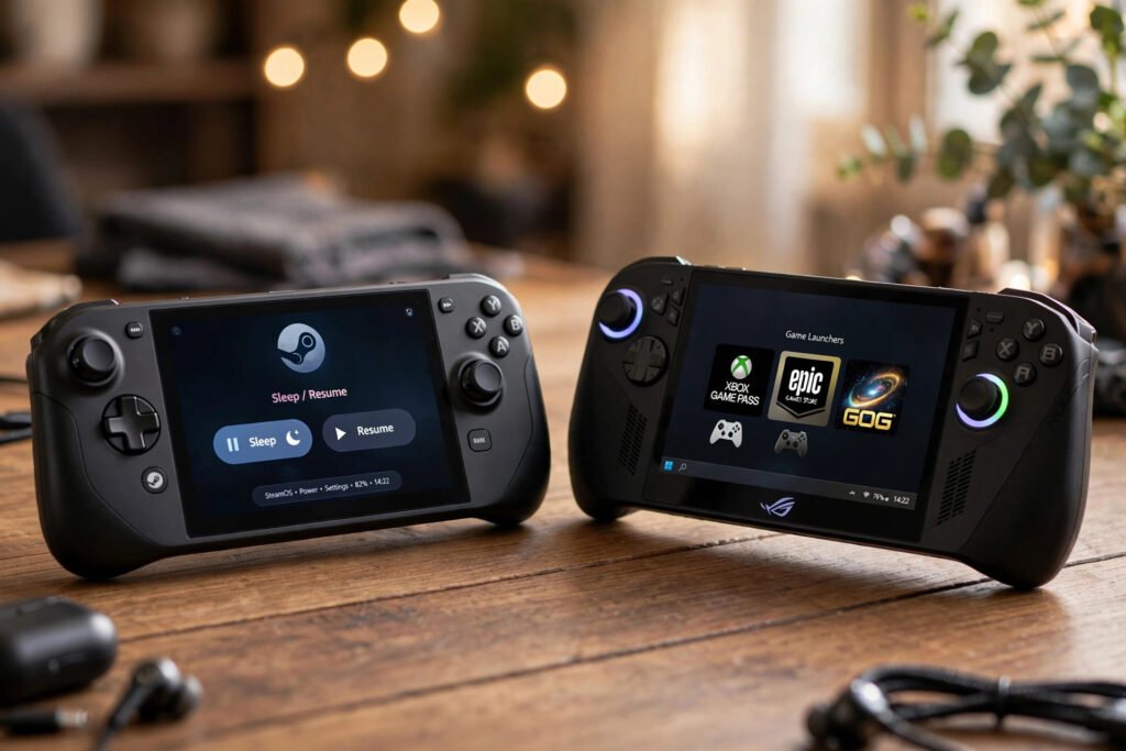 Side-by-side illustration of a SteamOS handheld with a console-style sleep and wake screen and a Windows handheld showing Xbox Game Pass, Epic, and GOG launcher icons
