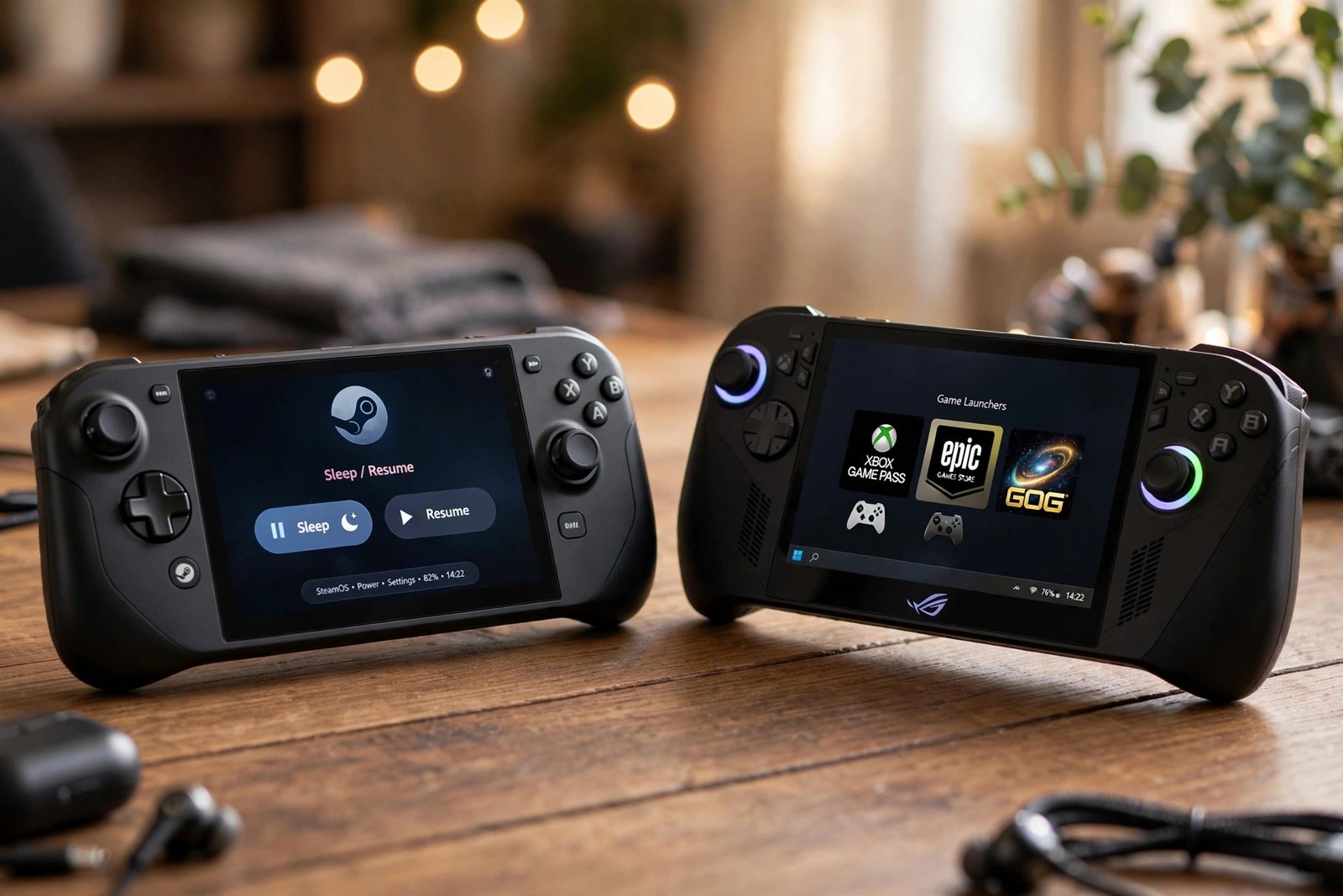 Side-by-side illustration of a SteamOS handheld with a console-style sleep and wake screen and a Windows handheld showing Xbox Game Pass, Epic, and GOG launcher icons