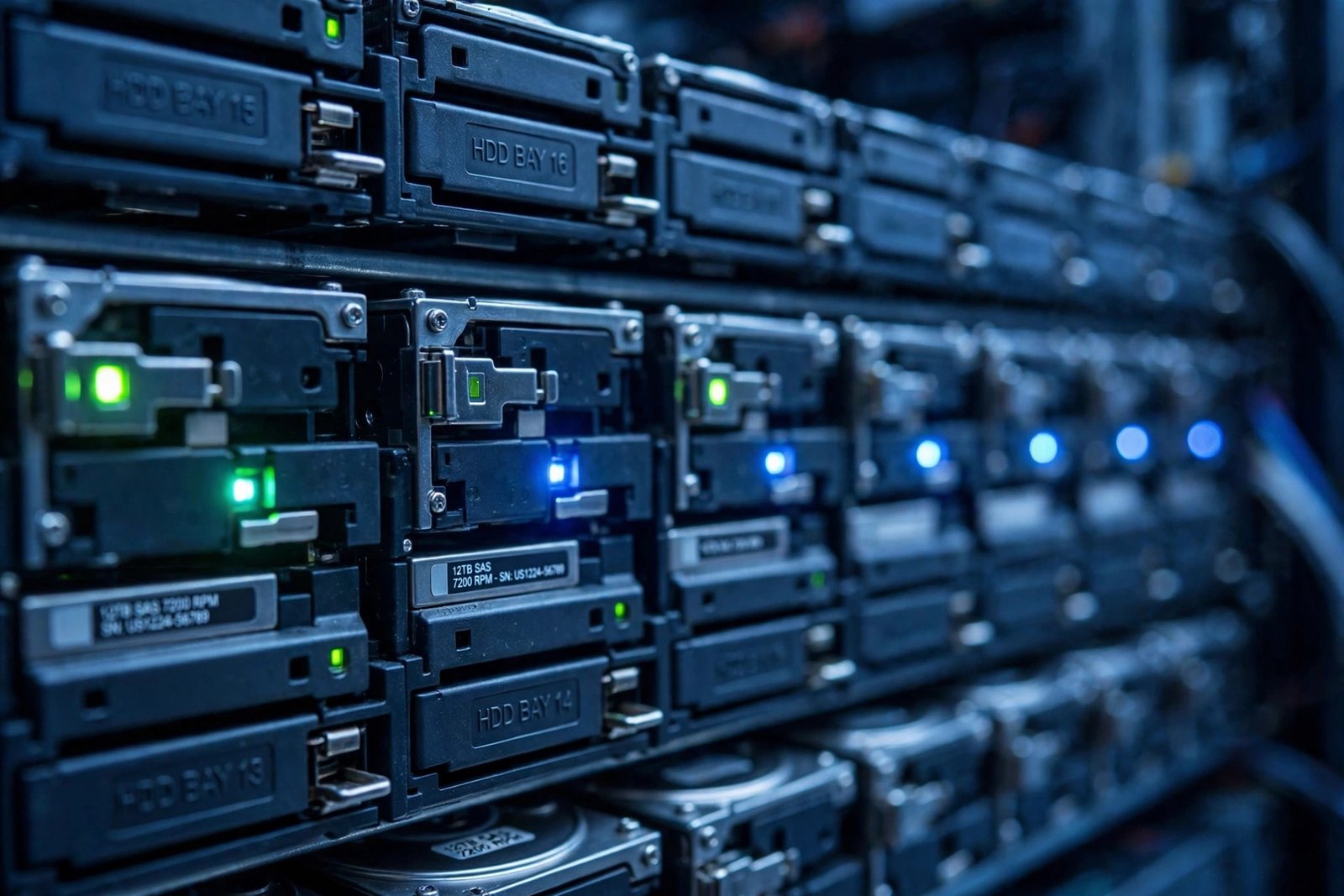 Close-up of server drive bays with hard drives in a data center storage rack