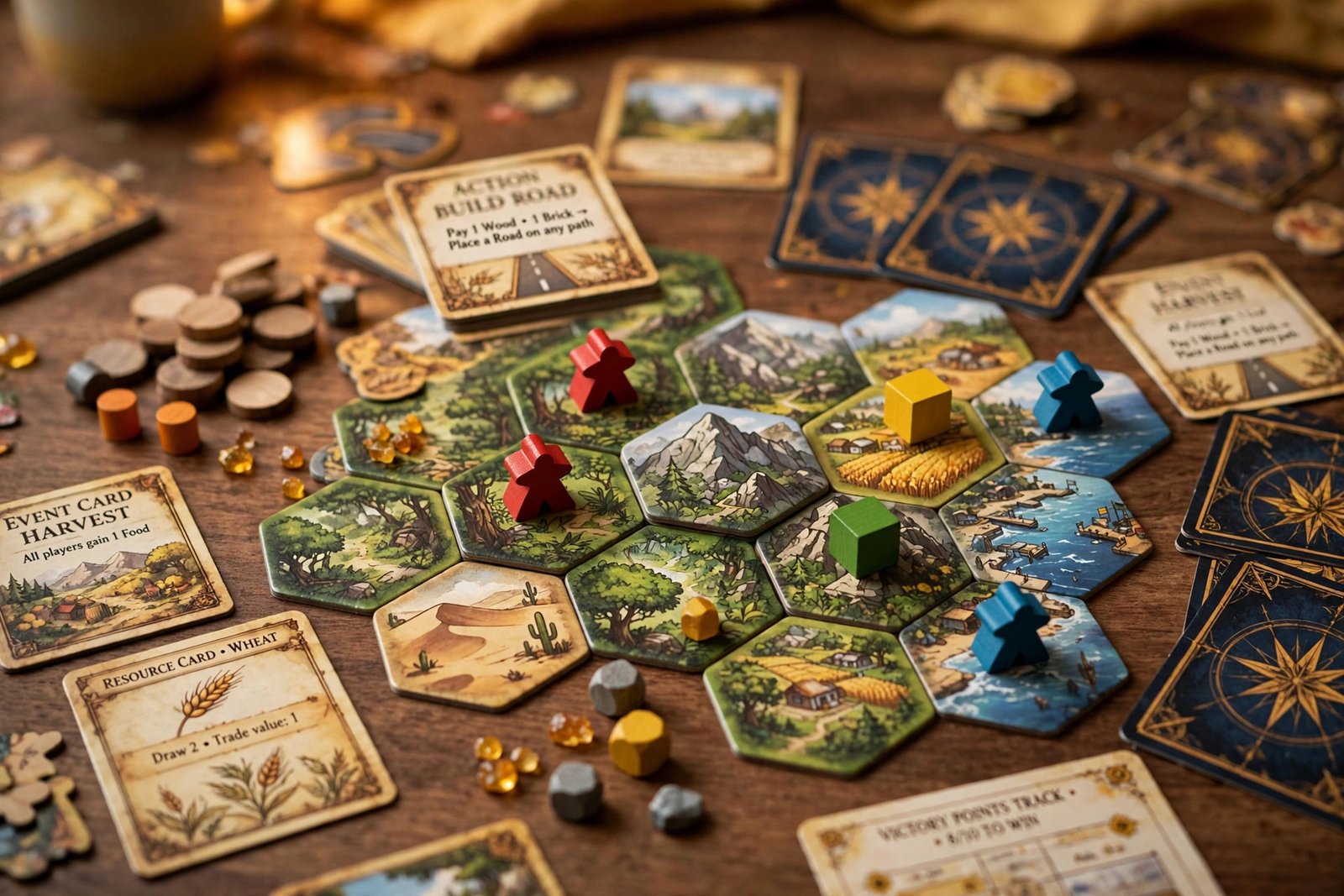 Close-up of colorful strategy board game pieces and tiles on a game board