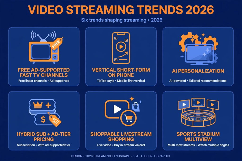 Infographic summarizing the six major video streaming trends of 2026 with icons for FAST, short-form, AI, hybrid pricing, shoppable video, and sports