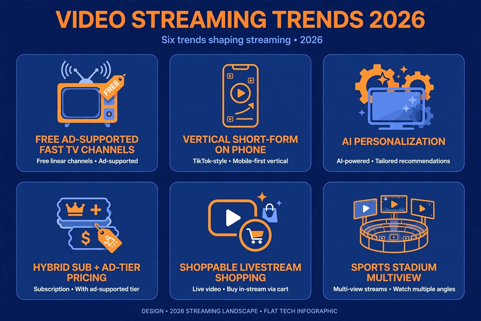 Infographic summarizing the six major video streaming trends of 2026 with icons for FAST, short-form, AI, hybrid pricing, shoppable video, and sports