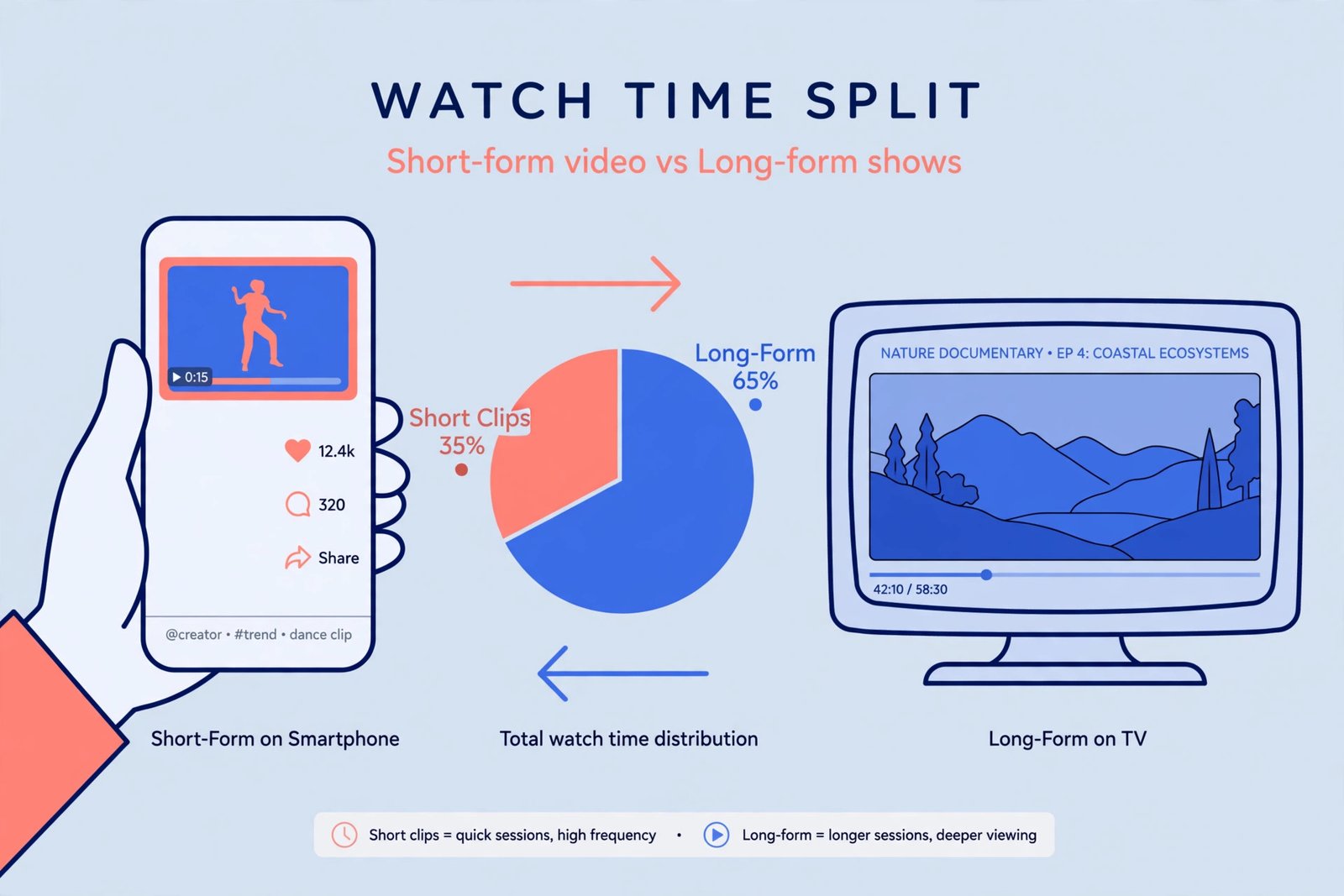 Diagram showing how viewers split time between short vertical clips and long-form streaming shows