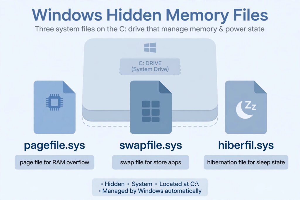 Diagram of the three hidden memory files on a Windows drive: pagefile.sys for RAM overflow, swapfile.sys for Store apps, and hiberfil.sys for hibernation