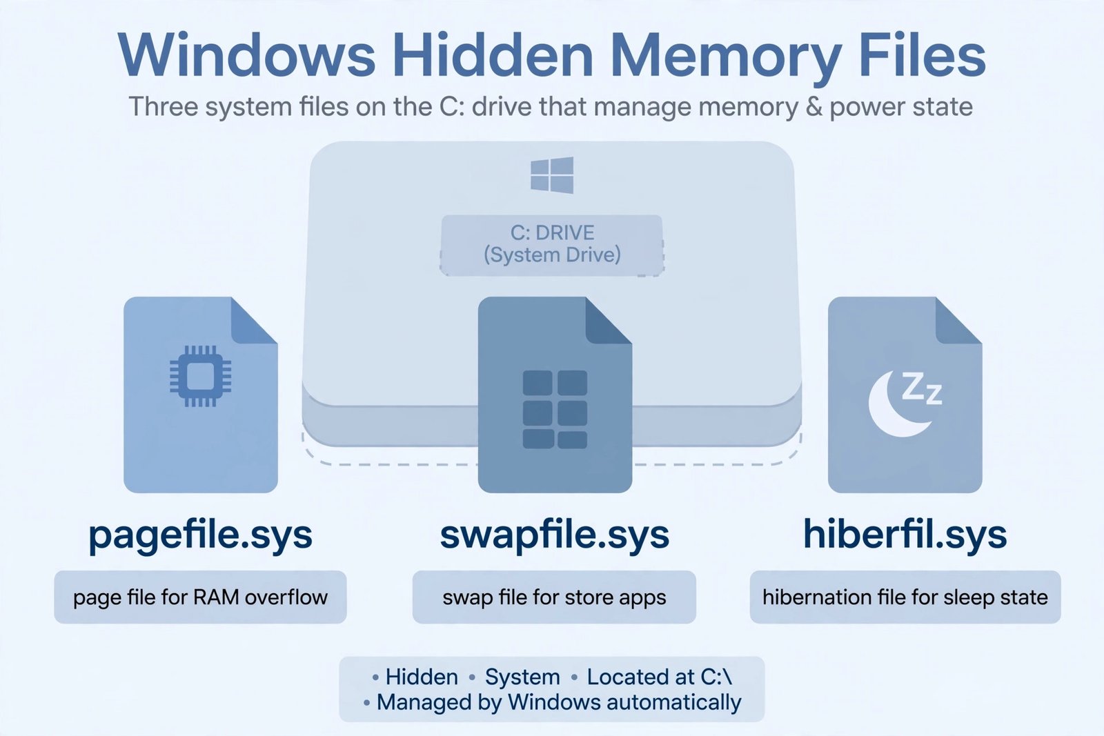 Diagram of the three hidden memory files on a Windows drive: pagefile.sys for RAM overflow, swapfile.sys for Store apps, and hiberfil.sys for hibernation