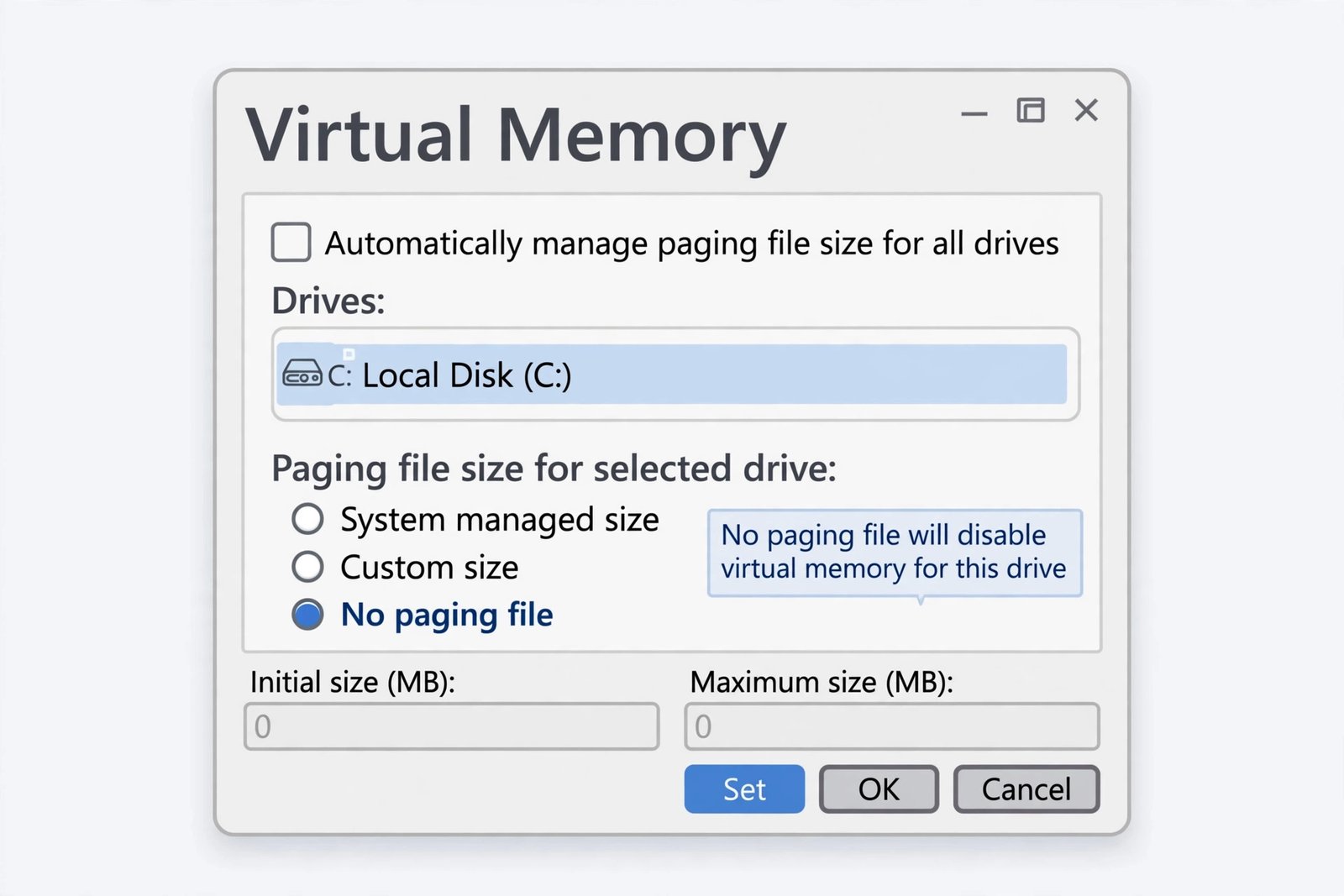 Virtual Memory settings dialog with Automatically manage paging file size unchecked and the No paging file option selected