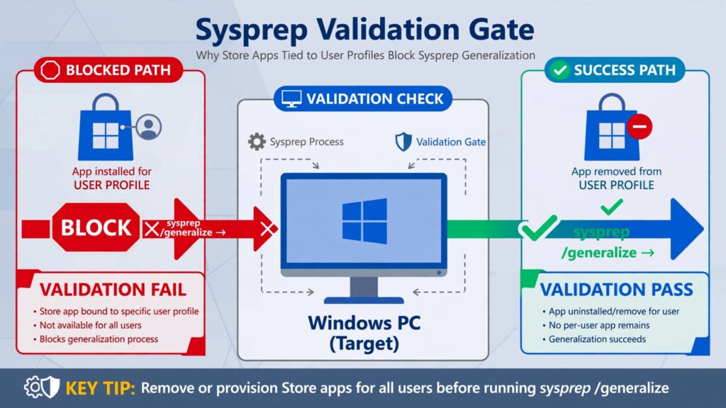 Diagram showing Sysprep's validation step failing when a Store app is installed for one user but not provisioned for all users