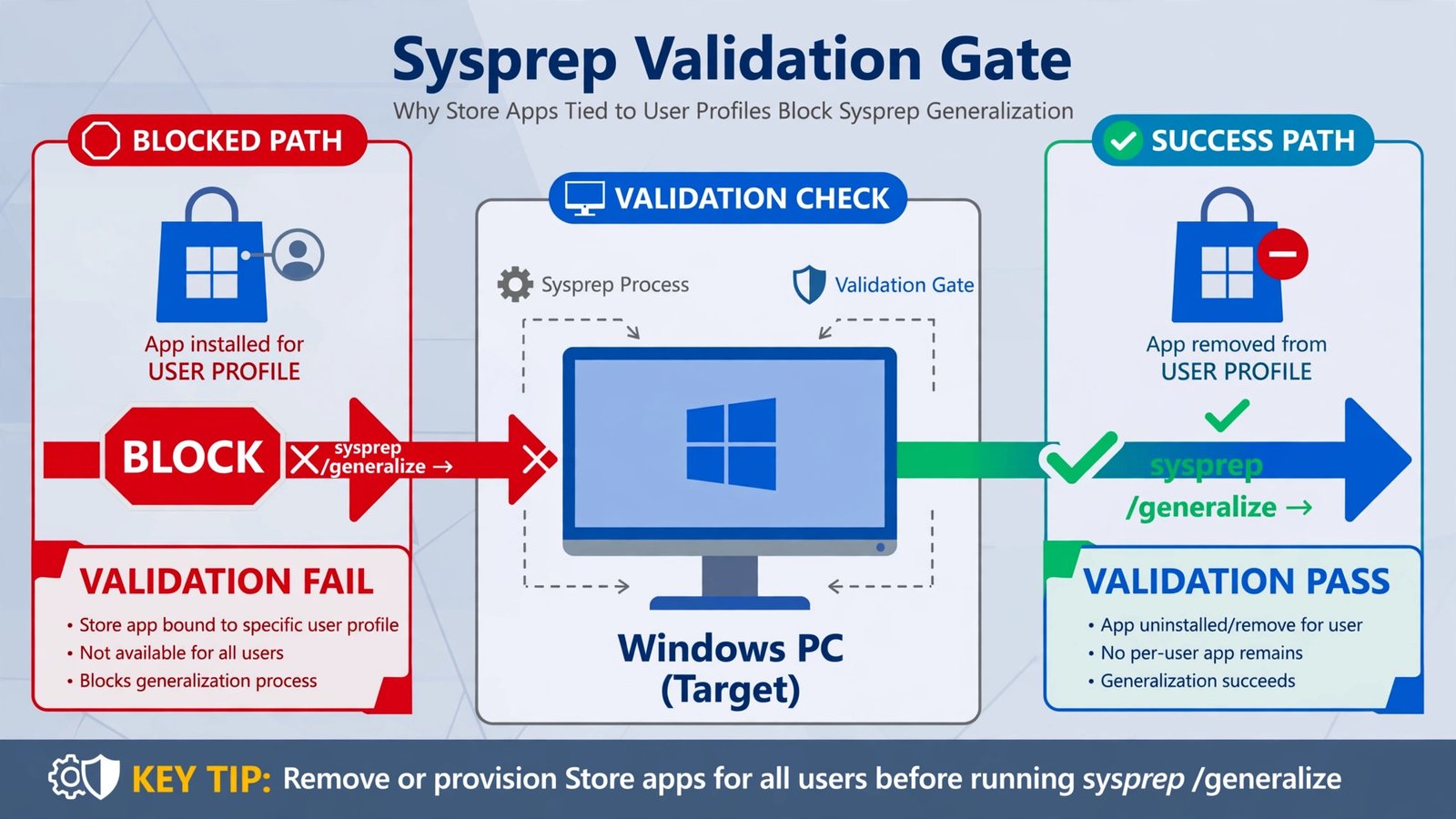 Diagram showing Sysprep's validation step failing when a Store app is installed for one user but not provisioned for all users
