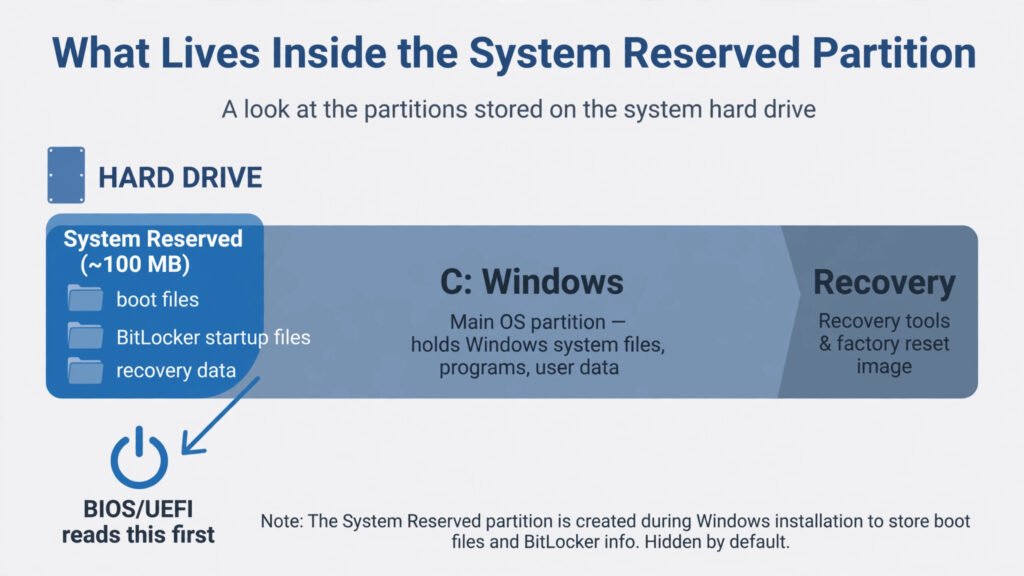 Diagram of a Windows drive showing the System Reserved partition holding boot files, BitLocker files and recovery data
