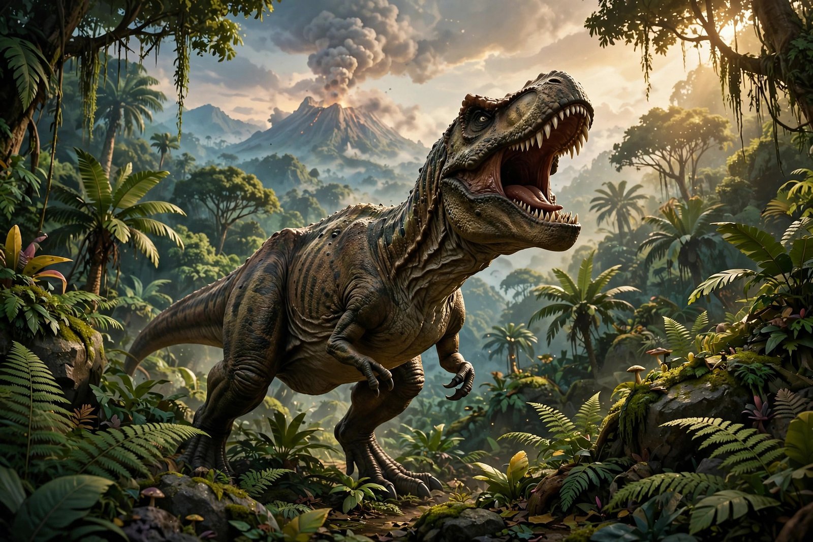 Tyrannosaurus rex in a lush jungle scene from a mobile survival game
