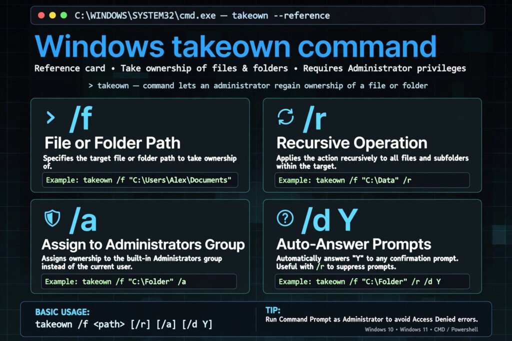 Reference card showing the four main takeown command parameters: /f for the path, /r for recursive, /a for the Administrators group, and /d Y to auto-answer prompts