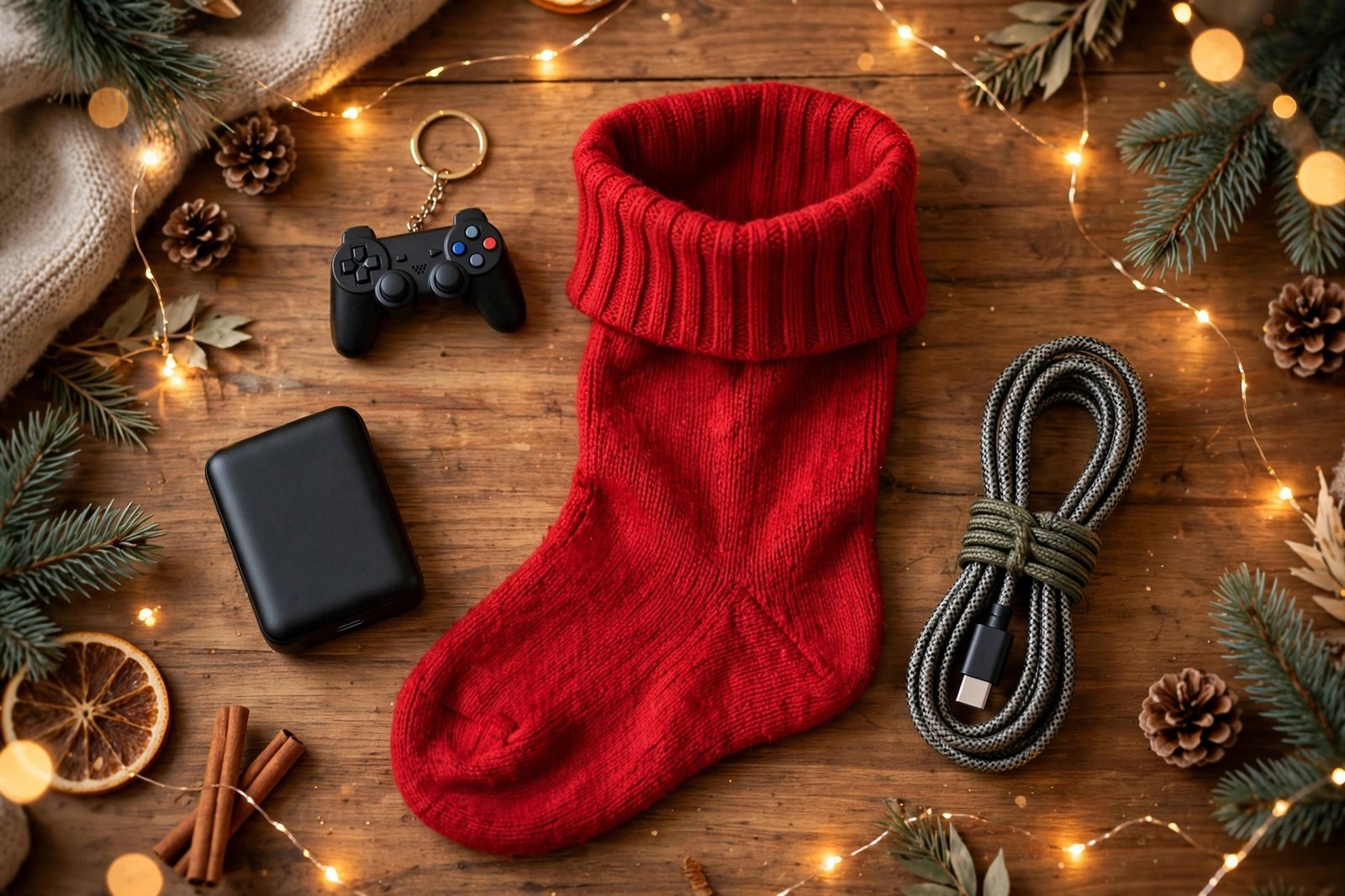 Small tech gifts arranged in a Christmas stocking on a warm background