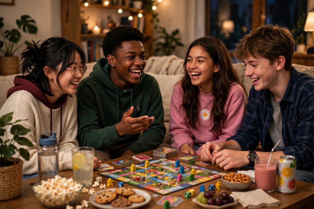 Group of teenagers laughing while playing a board game around a table